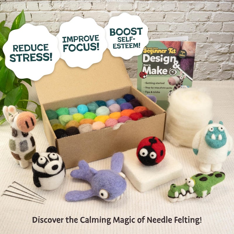 Woolbuddy Needle Felting Starter Kit –Make 6 Cute Characters(Yeti, Giraffe, Panda, Ladybug, Whale, Gator) – Complete Kit for Beginners & Adults with Wool Roving,Felting Needles,Pad & Instruction Guide - Image 5